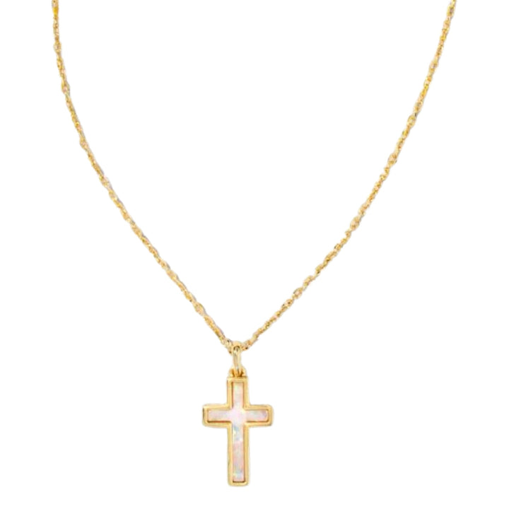 Yellow Gold Plated Cross Pendant Necklace in White Opal by Kendra Scott