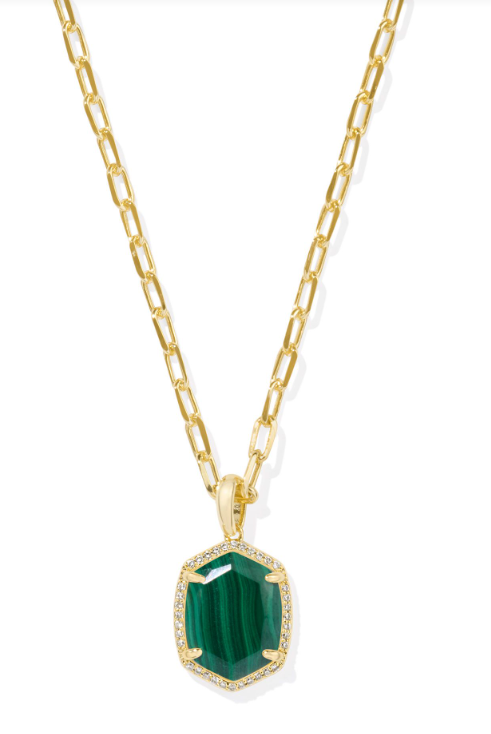 Daphne Gold Plated Green Malachite Pave Frame Short Pendant Necklace by Kendra Scott